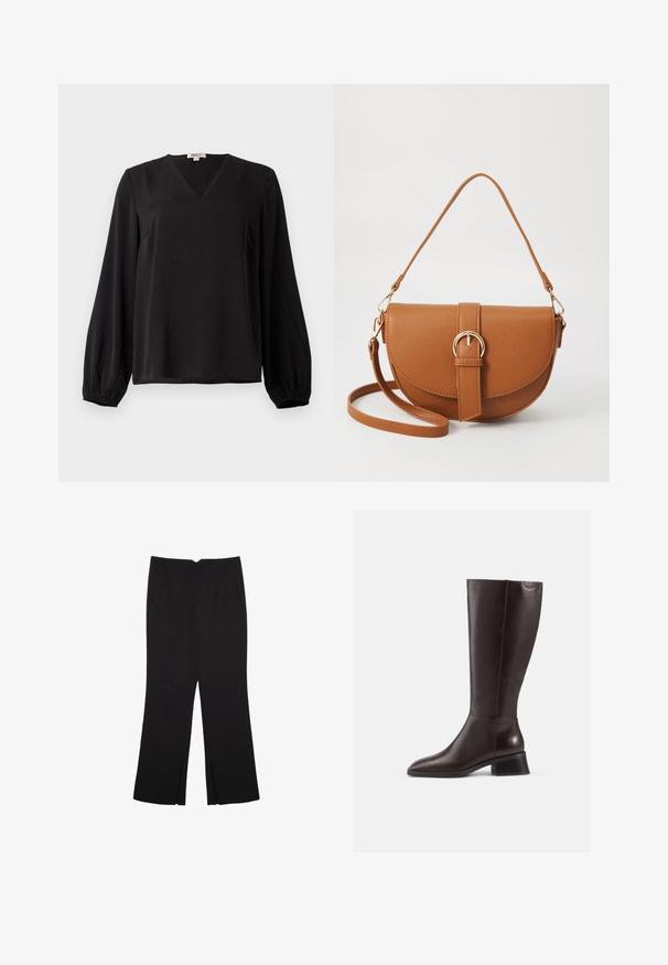Schwarze Bluse mit langen Ärmeln, V-Ausschnitt und elastischen Bündchen, aus glattem Stoff, auf einem schlichten weißen Hintergrund präsentiert.; Schwarze Hose mit geradem Schnitt, ausgestattet mit Fronttaschen und Seitenschlitzen am Saum. Hergestellt aus weichem, glattem Stoff. Geeignet für verschiedene Anlässe.; Knöchelhohe, braune Lederstiefel mit glatter Oberfläche, abgerundeter Spitze und gestapeltem schwarzen Absatz. Schlichtes Design mit minimalen Hardware-Details.; Braune Leder-Crossbody-Tasche mit geschwungener Form, goldfarbenen Beschlägen und einer Schnallenakzentuierung. Verfügt über einen abnehmbaren Schultergurt.