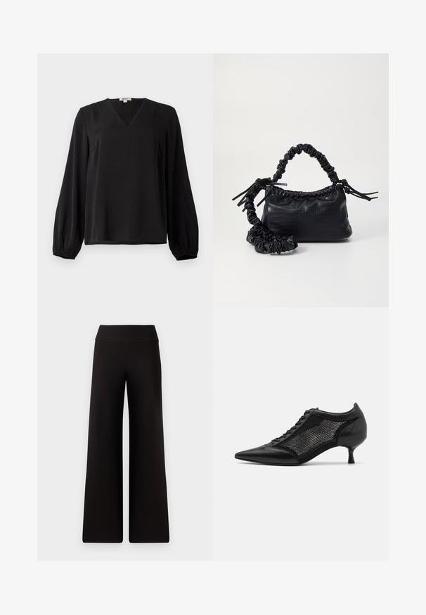 Must mustriga pluus V-kaelusega ja elastsete äärega, valmistatud siledast kangast, esitatud lihtsal valgel taustal.; Mustad lai jalad püksid sujuva paelaga, valmistatud pehmest materjalist. Omavad lõdvemat istuvust ja minimaalset õmblustehnikat.; Mustad mustakottidega jalanõud, millel on võrkpaneeli disain, madala kanna ja nööpidega esiküljel. Valmistatud nahast ja võrkkangast.; Must must sünteetilisest nahast käekott, millel on krokodillimuster, kokku tõmmatav ülaosa ja kortsus rihm. Tundub pehme ja kompaktne disain.