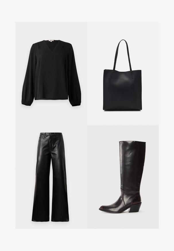 Črn dolgočrtnik s tekmovalnim izrezom in elastičnimi manšetami, izdelan iz gladkega materiala, prikazan na enobarvnem belem ozadju.; Črne široke hlače iz umetnega usnja z visokim pasom, sprednjim gumbom, zadrgo, zanke za pas in stranskimi žepi na beli podlagi.; Čizmice iz temno rjave usnje, do kolen, z ostrim nosom, pravokotnim blokastim petam in gladko, sijočo teksturo. Imajo čist dizajn in podrobnosti šivanja.; Črna usnjena torba s svilnato teksturo, pravokotne oblike in dvema dolgima ročajema. Brez vidnih metalnih delov ali okrasnih elementov.