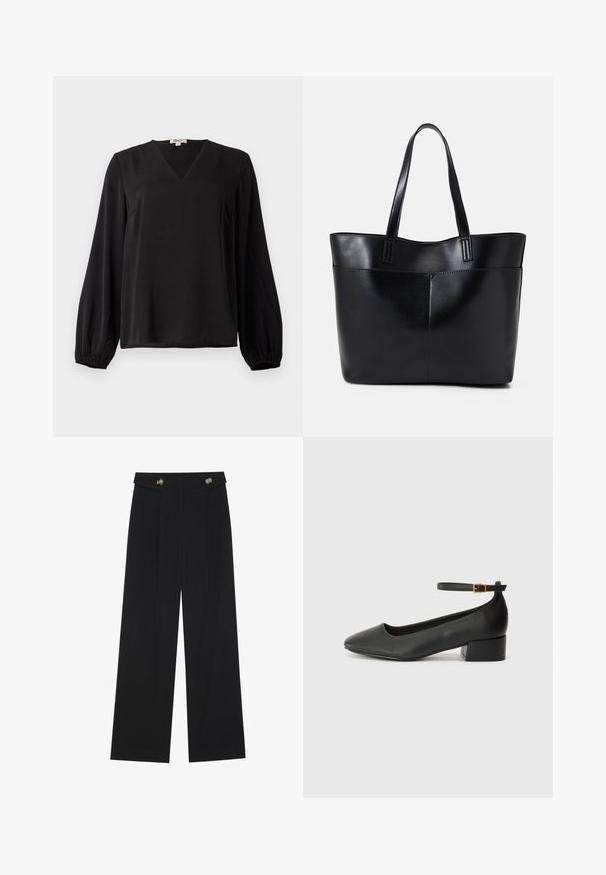 Blusa nera a maniche lunghe con scollo a V e polsini elasticizzati, realizzata in tessuto liscio, esposta su uno sfondo bianco semplice.; Pantaloni neri a gamba larga con vita alta, dettagli con bottoni in vita e pieghe frontali.; Pump in pelle nera con punta affusolata e tacco basso a blocco. Presenta una cinghia alla caviglia con una fibbia in tonalità oro. Texture liscia.; Borsa a tracolla in pelle nera con due manici lunghi, una texture liscia e una forma strutturata. Presenta una tasca frontale per ulteriore spazio di archiviazione.
