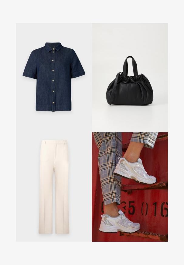 Short-sleeve denim shirt in dark blue with a collared neckline and gold buttons down the front. Smooth texture and tailored fit.; Beige tailored trousers with a straight-leg design, made from lightweight fabric. Features front pleats and a classic waistband.; White mesh sneakers with silver accents and a textured sole, positioned on a red surface, paired with plaid trousers.; Black leather handbag with a gathered top design, featuring two short handles and a long adjustable strap. Smooth texture, rounded shape.