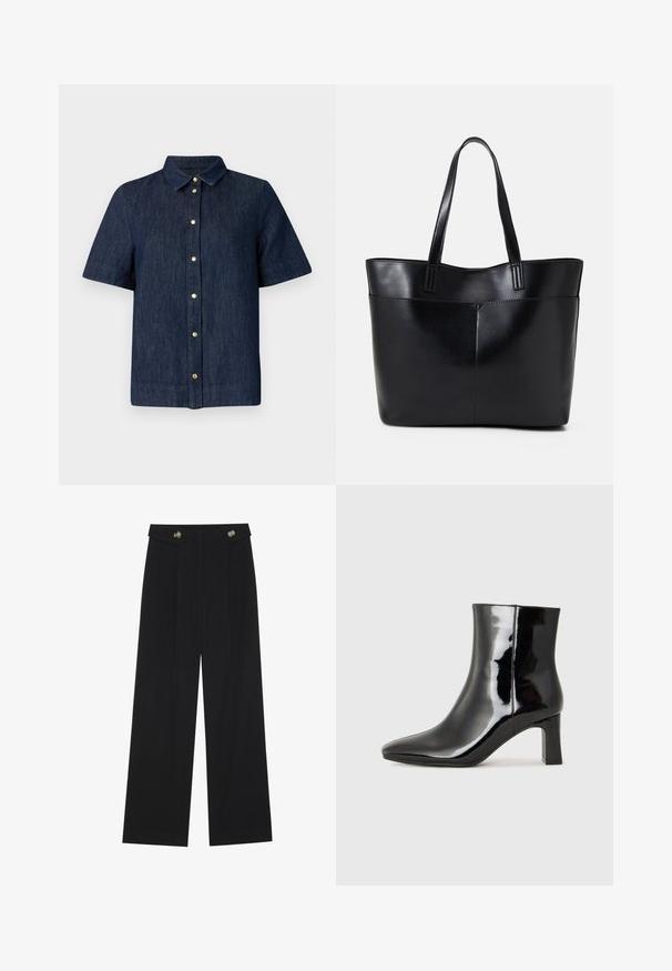 Camisa de mezclilla de manga corta en azul oscuro con cuello y botones dorados en el frente. Textura suave y corte ajustado.; Pantalones de pierna ancha negros con cintura alta, detalles de botones en la cinturilla y pliegues en la parte delantera.; Botín de charol negro con punta afilada y un tacón de bloque de altura media. Textura suave y diseño minimalista.; Bolso tote de cuero negro con dos asas largas, textura suave y forma estructurada. Cuenta con un bolsillo frontal para almacenamiento adicional.