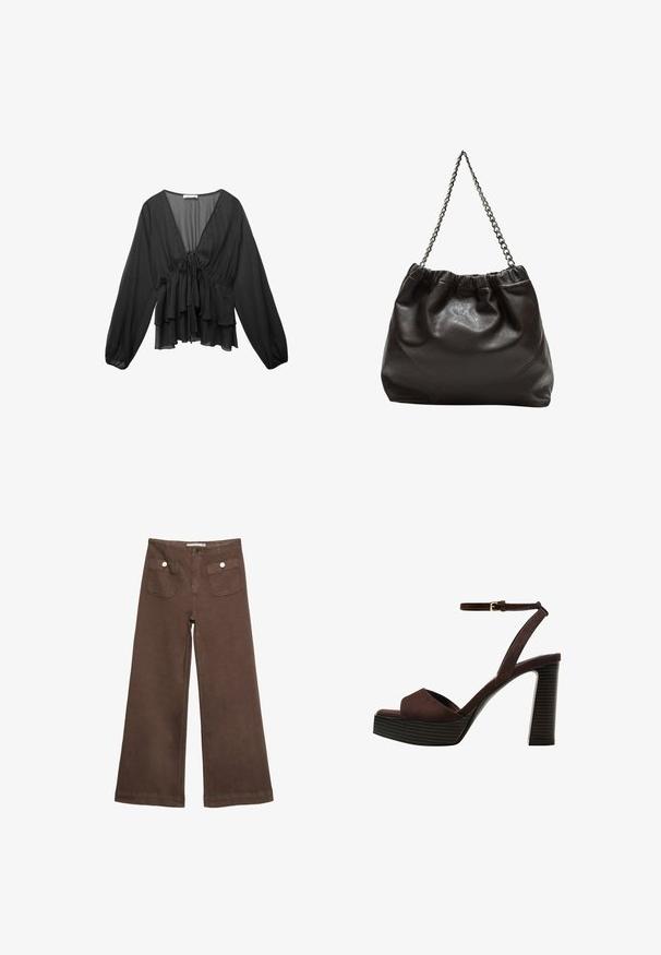 Black, long-sleeve blouse made of lightweight fabric, featuring a V-neck, gathered waist, and layered ruffles at the hem.; Brown wide-leg trousers made of cotton, featuring two front pockets with silver buttons, and a smooth texture.; Brown suede high-heeled sandal with an open toe, adjustable ankle strap, and a striped platform sole.; Brown leather bag with a gathered top and a chain strap. Smooth texture with a glossy finish and subtle seam detailing on the sides.