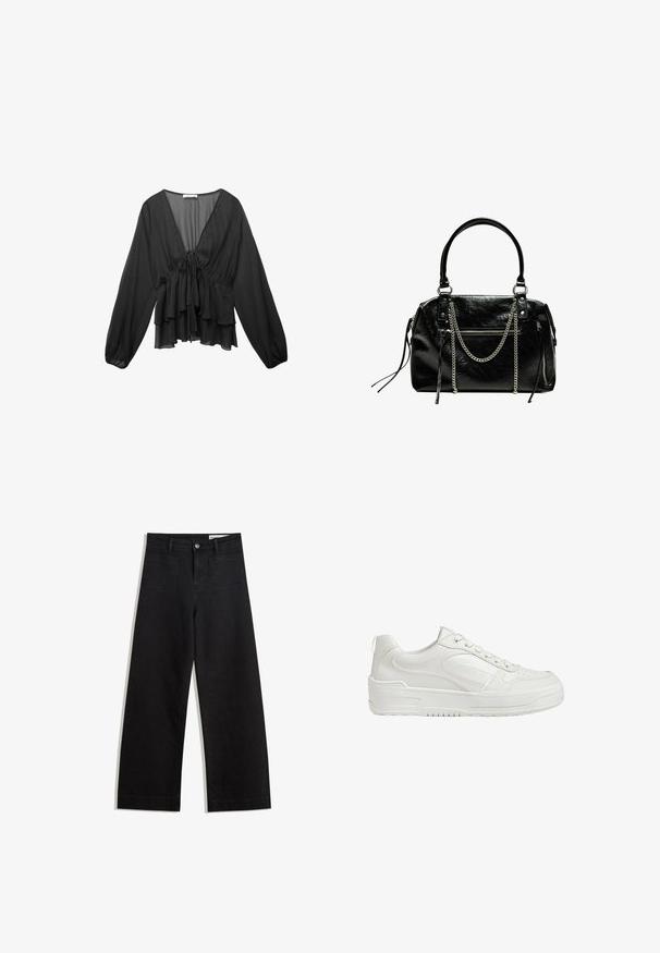 Svart blus med långa ärmar i lätt tyg, med V-ringning, samlad midja och lager av volanger vid fållen.; Svarta vida denimbyxor med hög midja, med fram- och bakfickor, sydda sömmar och knappstängning. Slät textur.; Vita lädersneakers med slät yta, vadderad ankel och perforerad tå. Har en något upphöjd gummisula och snörningsdesign.; Bershka WITH CHAIN - Handväska - black