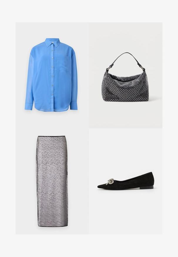 Blå skjorte med knapper, krave, lange ærmer og en enkelt brystlomme. Lavet af glat stof med en let glans.; Lang, tætsiddende nederdel i gennemsigtigt sølvstoff med et subtilt mønster og glitrende accenter. Har en sort talje og kant.; Sorte suede flade sko med spids tå, prydet med en dekorativ sølvsløjfe på fronten, med en lav hæl.; Sort og sølv håndtaske med en vævet, struktureret overflade med firkantede mønstre, en enkel top håndtag og et slasket design.