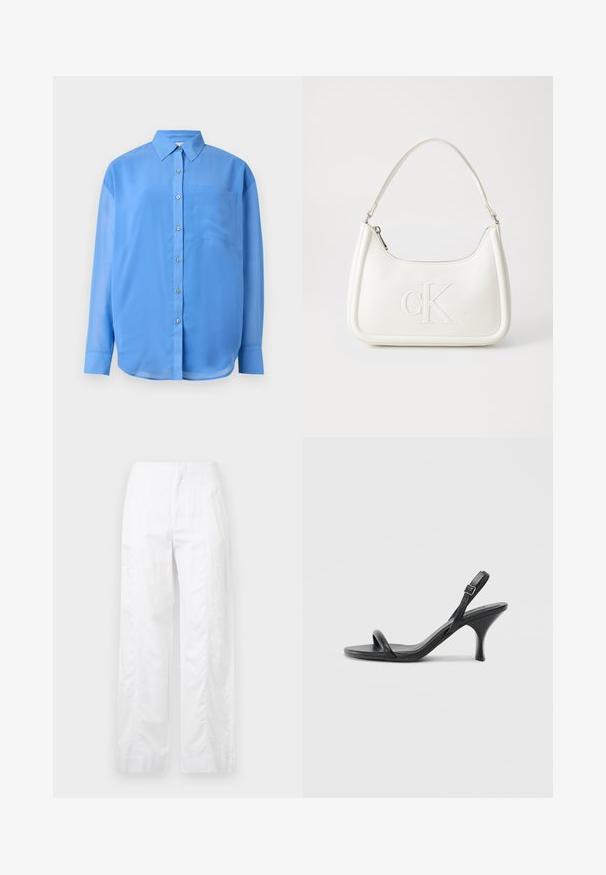 Blaues Hemd mit Knopfverschluss, Kragen, langen Ärmeln und einer einzelnen Brusttasche. Aus glattem Stoff mit einem leichten Glanz gefertigt.; Weiße, weit geschnittene Hosen aus leichtem Stoff, mit glatter Textur, klaren Linien und einem Hochbund-Design.; Schwarze Leder-Sandalen mit hohen Absätzen, schlankem, gebogenem Absatz und gekreuztem Riemendesign. Verstellbarer Knöchelriemen. Glatte Textur.; Weiße Lederhandtasche mit abgerundeter Form, ausgestattet mit einem geprägten "CK"-Logo auf der Vorderseite und einem Einzel-Schultergurt. Reißverschluss oben.