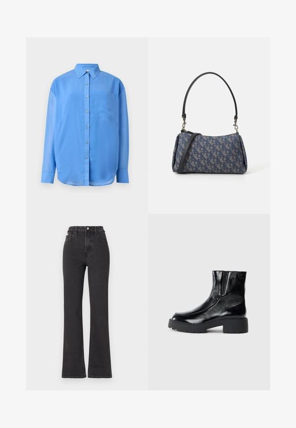Camisa azul de botão com gola, mangas longas e um único bolso no peito. Feita de tecido suave com um leve brilho.; Jeans flared pretos de cintura alta feitos de denim, com fecho de botão, passadores para cinto e bolsos laterais. Textura suave com desbotamento mínimo.; Botas de tornozelo pretas com acabamento em pele envernizada brilhante, sola de borracha preta robusta e salto elevado; inclui um detalhe discreto do logótipo na lateral.; Bolsa de padrão azul feita de tecido, com um formato curvo, alça de couro preto e design de logotipo em uma tonalidade mais clara.