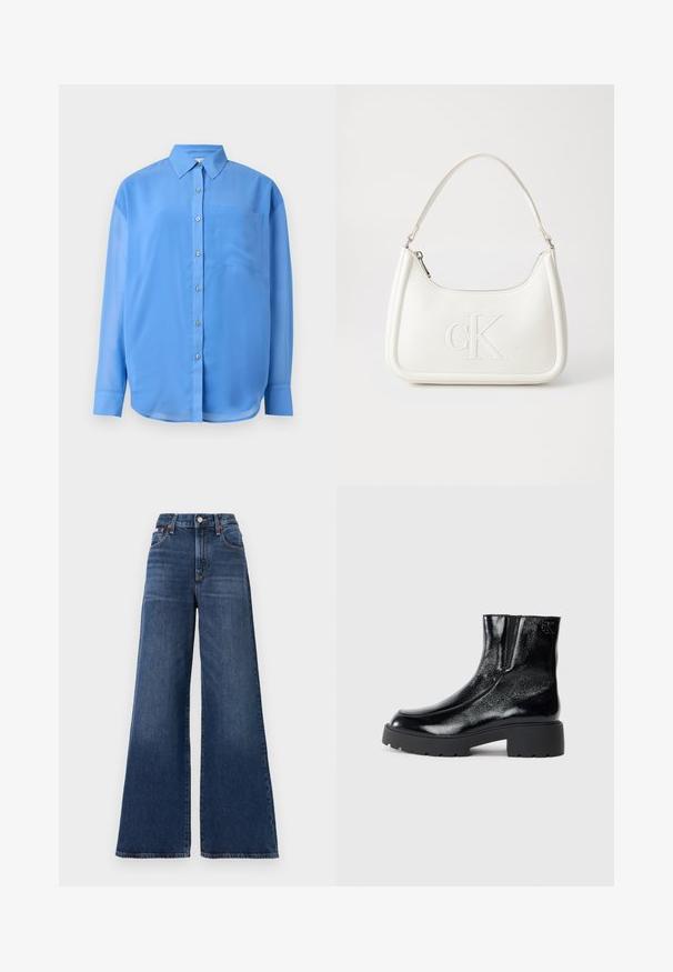 Kék, galléros, gombos ing, hosszú ujjal és egy mellzsebbel. Simaságával és enyhe fényességével tűnik ki.; Magasan derekú, bő szárú farmernadrág sötétkék denim anyagból, gombos záródással, öt zsebbel és enyhe kopással a comboknál.; Fekete bokacsizmák fényes lakkbőr felülettel, vastag fekete gumitalppal és megemelt sarokkal; oldalon diszkrét logó részlettel.; Fehér bőrtáska ívelt formájú, elöl feltűnő "CK" logóval, egyetlen vállpánttal. Cipzáras zárás a tetején.