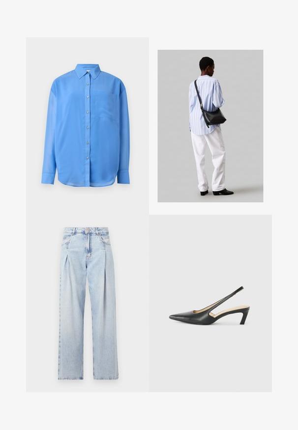 Mėlyna mygtukų marškinė su apykakle, ilgomis rankovėmis ir viena krūtine kišenė. Pagaminta iš lygaus audinio su švelniu blizgesiu.; Šviesiai mėlyni džinsai su aukštu liemeniu, plačiomis kojomis, dviem šoninėmis kišenėmis ir raukinių dizainu. Minkšta tekstūra su nudilusia apdaila.; Juodas smailus slingback batelis su žemu kulnu, pagamintas iš lygaus odos paviršiaus ir su išpjovomis šone, užtikrinančiomis oro pralaidumą.; Juodas odinis petinis krepšys su minkšta tekstūra, trikampiu pavidalu ir reguliuojama juosta, derinamas su šviesiai mėlynu dryžuotu marškinėliu ir baltais džinsais.