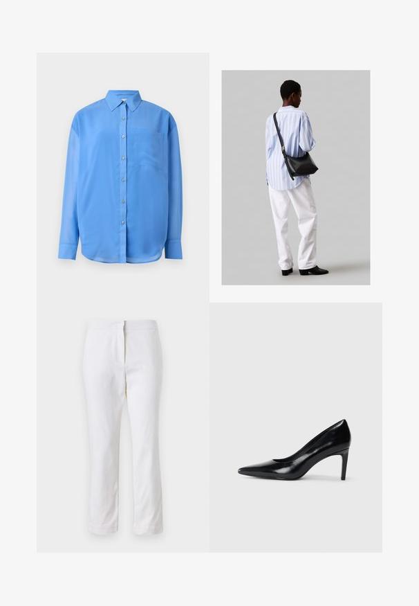 Cămașă albastră cu guler, mâneci lungi și un singur buzunar la piept. Fabricată dintr-un material neted cu o ușoară strălucire.; Pantaloni din bumbac alb, cu un design drept, având talie medie și fără hardware sau modele vizibile. Textură uniformă pe întreaga suprafață.; Pantof de damă din piele neagră, cu toc înalt, vârf ascuțit, textură fină și toc conic. Design minimalist, fără embellishments suplimentare.; Geantă de umăr din piele neagră cu o textură moale, formă triunghiulară și curea ajustabilă, asortată cu o bluză cu dungi albastre deschise și pantaloni albi.