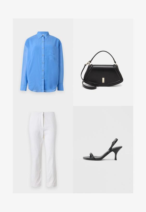 Blue button-up shirt with a collar, long sleeves, and a single chest pocket. Made of smooth fabric with a slight sheen.; White cotton pants with a straight leg design, featuring a mid-rise waist and no visible hardware or patterns. Smooth texture throughout.; Black leather high-heeled sandals with a slim, curved heel and a crossed strap design. Adjustable ankle strap. Smooth texture.; Black leather handbag with a structured design, featuring a cropped shape, top handle, and gold hardware accent. Adjustable shoulder strap included.
