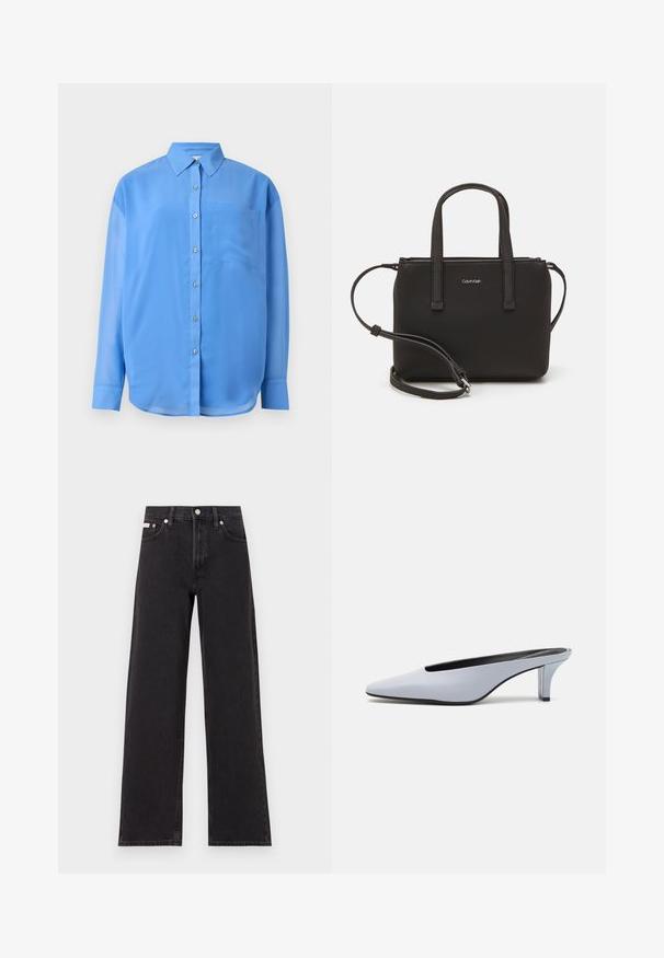 Blå skjorte med knapper, krave, lange ærmer og en enkelt brystlomme. Lavet af glat stof med en let glans.; Sorte vidde jeans lavet af denim, med høj talje, fem-lomme stil og en metalknap lukning med kontrasterende syninger.; Lys blå patentlæder mule med spids tå, lav gennemsigtig hæl og et elegant design med udskæring ved vamps.; Sort håndtaske med to korte håndtag og en aftagelig skulderrem. Glat læderagtigt materiale med lynlåslukning og logo detaljer.