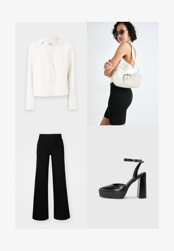Biela košeľa s dlhým rukávom a vertikálnymi čiernymi prúžkami, s golierom a detailom kravaty vpredu. Mäkka tkanina s uvoľneným strihom.; Čierne široké nohavice z denimu s pevným pásom, pútkami na opasok a prednými vreckami. Hladká štruktúra s klasickým dizajnom.; Čierne platformové podpätky so špicatou špičkou a nastaviteľným členkovým remienkom. Vyrobené z hladkej kože a so robustným blokovým podpätkom.; Biely kožený kabelka s zakriveným tvarom, nastaviteľným popruhom a malým detailom pracky. Model nosí priliehavý čierny outfit.