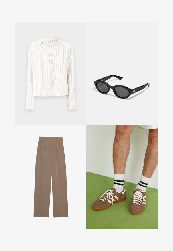 Balta ilgomis rankovėmis marškiniai su vertikaliomis juodomis juostomis, apykaklės iškirptė ir kaklaraiščio detalė priekyje. Minkšta medžiaga, laisvas fasonas.; Rudos plisuoti kelnių su plačiais šonais, turintys lygų juosmenį ir šonines kišenes, pagaminti iš lengvos medžiagos.; Rudoni veršiai sportbačiai su baltais akcentais ir raišteliais. Gumos padu. Dėvimi su baltais kojinėmis, turinčiomis juodas juostas. Žalios tekstūruotos grindys.; Juodos ovalios saulės akinių su tamsiais lęšiais ir blizgia plastiko apvadu. Su auksiniu logotipu ant šventyklos, siūlo elegantišką ir modernų dizainą.