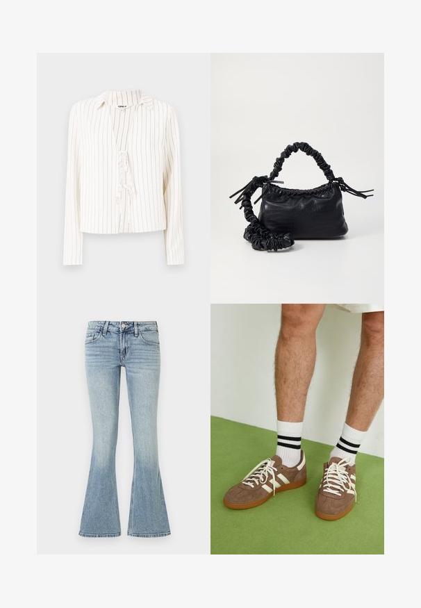 Biela košeľa s dlhým rukávom a vertikálnymi čiernymi prúžkami, s golierom a detailom kravaty vpredu. Mäkka tkanina s uvoľneným strihom.; Svetlomodré rozšírené džínsy vyrobené z denimu, s predným zapínaním na gombík, piatimi vreckami a jemným zafarbením pozdĺž nôh.; Hnedé zamatové tenisky s bielymi akcentmi a šnúrkami. Gumová podrážka. Nosené s bielymi ponožkami so čiernymi pruhmi. Zelená textúrovaná podlaha.; Čierna umelá kožená kabelka s kroko vzorom, sťahovaným vrchom a zhnutým popruhom. Vyzerá mäkko a kompaktné v dizajne.