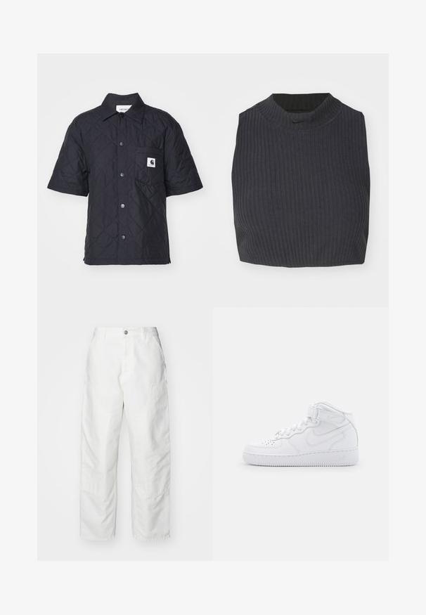 Carhartt WIP LAURENS SHIRT - Button-down blouse - black; Cropped ribbed top in dark navy, featuring a high neckline and a subtle Nike logo. The fabric has a textured, stretchy appearance.; White cargo pants made of denim, featuring a relaxed fit, side pockets, and visible stitching details. Plain front with a button closure.; White high-top sneakers made of leather with a padded collar, perforated toe, laces, and adjustable ankle strap; logo on the side.