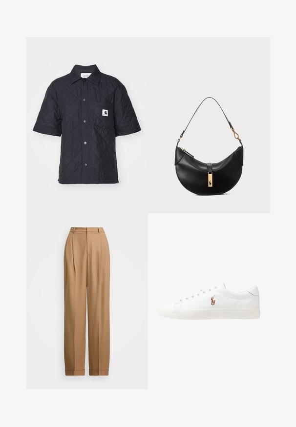 Carhartt WIP LAURENS SHIRT - Bluza z gumbi - black; Bež hlače po meri z visokim pasom, s pregibom spredaj, ožjimi nogami in zavihanimi robovi. Gladka tkanina z rafinirano teksturo.; Bela usnjena teniski čevlji, nizki model, z gladko teksturo, okrogle konice, vezavi spredaj ter majhnim vezenim logotipom na strani.; Črna usnjena torbica v obliki polmeseca. Ima zlato kovinsko dekoracijo in ozek trak. Gladka tekstura, z zadrgo na vrhu.