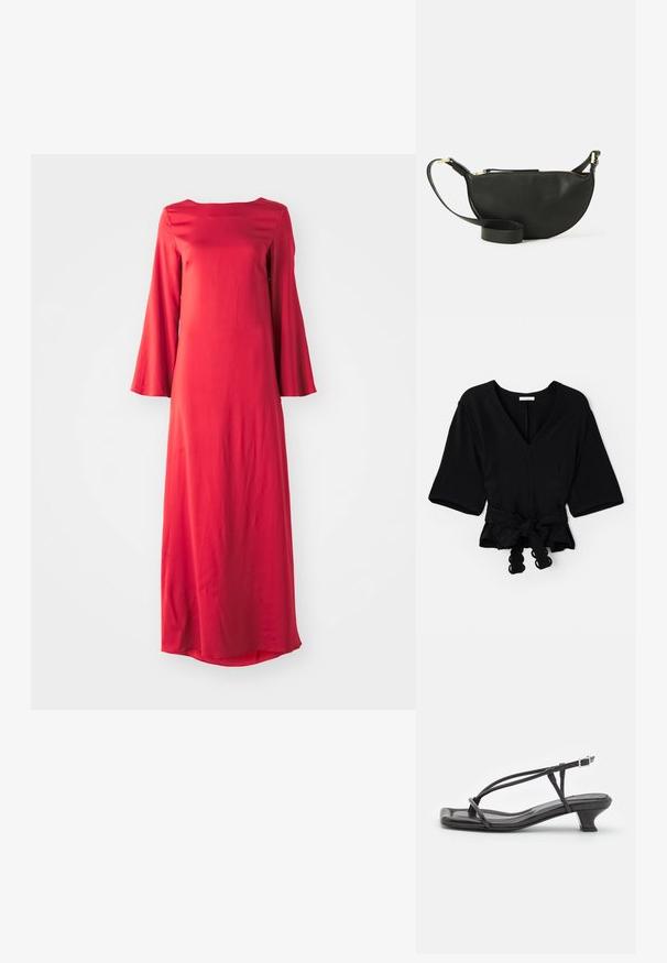 Black wrap top with a V-neck, short sleeves, and a knotted tie at the waist. Features textured fabric and scalloped trim on the tie.; Long red dress in lightweight fabric, featuring a bateau neckline and wide bell sleeves. Smooth texture with a straight silhouette.; Black leather sandal with thin straps, low block heel, and square toe. Features a buckle closure and smooth texture.; Black leather crossbody bag with half-moon shape, textured surface, gold zipper, and a flat strap. Compact design suitable for essentials.