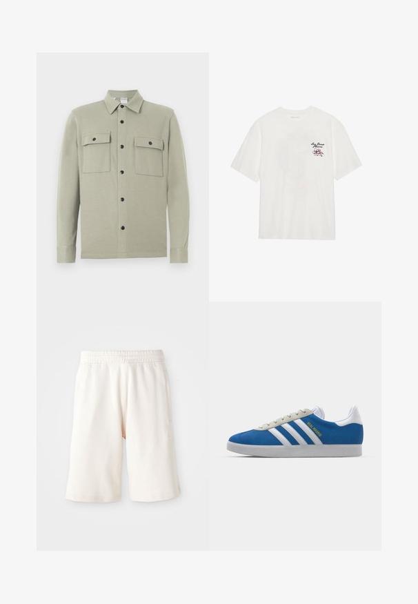 Camisa jaqueta de mangas longas em bege claro, com colarinho, botões de pressão pretos e dois bolsos frontais com aba, exibida contra um fundo branco.; T-shirt branca de algodão com mangas curtas e gola redonda, apresentando um design floral bordado em rosa e preto no lado esquerdo do peito.; Calções de algodão bege claros com um cós elástico, corte até ao joelho e um detalhe de logótipo discreto na perna esquerda. Textura suave.; adidas Originals ADIDAS GAZELLE SHOES - Botas de futebol de salão - real madrid/bluebird/footwear white/crew yellow