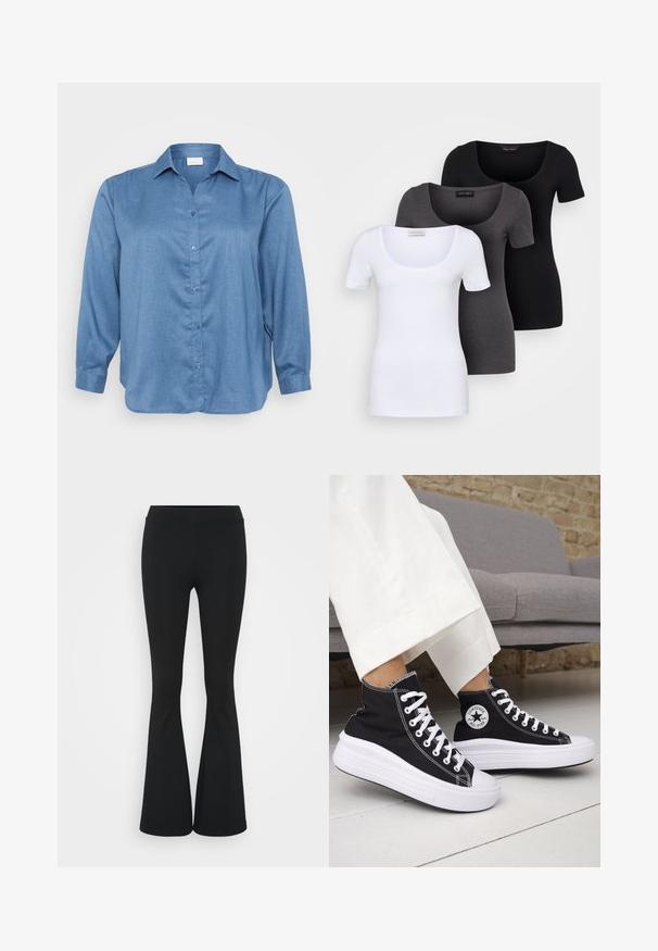 Camisa de ganga azul com gola, mangas longas, fecho à frente com botões e um corte ligeiramente solto. Textura suave com um leve brilho.; Três t-shirts ajustadas em branco, cinza e preto. Cada uma possui um decote amplo e mangas curtas. Feitas de um tecido liso e elástico.; Calças pretas de corte alargado feitas de tecido elástico, com uma cintura alta e uma textura suave. As calças alargam-se a partir do joelho.; Ténis pretos de cano alto com solas e atacadores em borracha branca. Apresentam um emblema redondo e costuras contrastantes em branco. Material em lona.