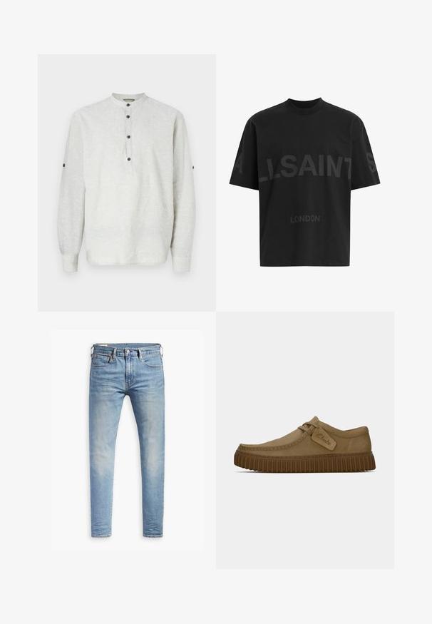 Šviesiai pilkas ilgomis rankovėmis marškinėlis, pagamintas iš lino, su stovinčiu apykakle, trims sagoms ir sagų akcentais ant rankovių.; Juodas per didelis marškinėliai su tamsiai pilku „ALLSAINTS“ tekstu krūtinėje ir „LONDON“ mažesnėmis raidėmis žemiau.; Šviesiai mėlyni aptempti džinsai su lengvu nudėvėjimu šlaunyse, priekyje užsegami mygtuku, su diržo kilpelėmis ir penkių kišenių stiliumi ant baltos fono.; Šviesiai rudos zomšinės bateliai su apvaliu pirštu, siuvinėjimo detalėmis ir raguota ruda guma. Su šonine etikete su "Clarks" logotipu.