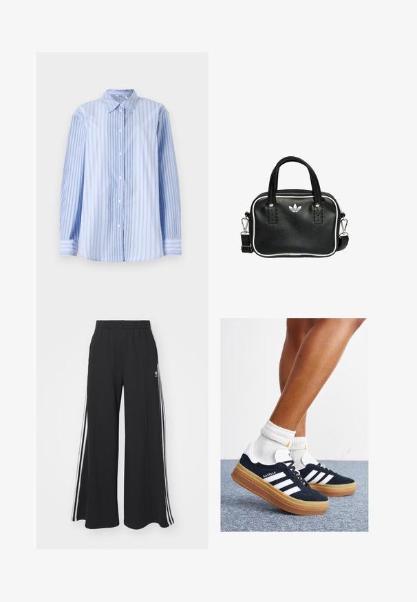 Blue and white striped long-sleeve shirt made of lightweight fabric, featuring a classic collar and button closure down the front.; Black wide-leg sweatpants with an elastic waistband, featuring white side stripes and an embroidered logo on the left thigh.; Black suede sneakers with white stripes and accents, rounded toe, gum rubber outsole, paired with white ribbed crew socks.; Black leather handbag with two short handles, silver hardware, white accents, and a white logo. Features a textured surface and compact design.