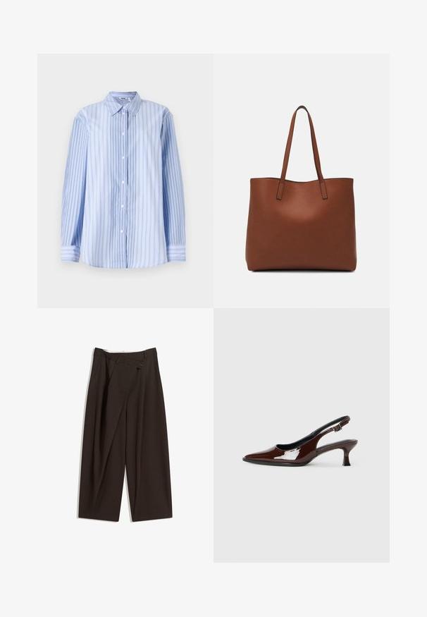 Modra in bela prugasta srajca z dolgimi rokavi, izdelana iz lahkega materiala, z klasičnim ovratnikom in gumbom na sprednji strani.; Temno rjave široke hlače z visokim pasom, ki imajo en gumb za zapiranje in zamaščen sprednji del. Narejene so iz lahkega blaga.; Rjavi lakirani slingback čevelj z ostro konico in zmerno peto. Ima zaponko za varno prileganje. Gladka tekstura.; Rjava usnjena torba z gladko teksturo, odprto zasnovo zgoraj in dvema naramnima trakovoma. Opremljena je z minimalnim šivanjem in brez vidnih kovinskih delov.