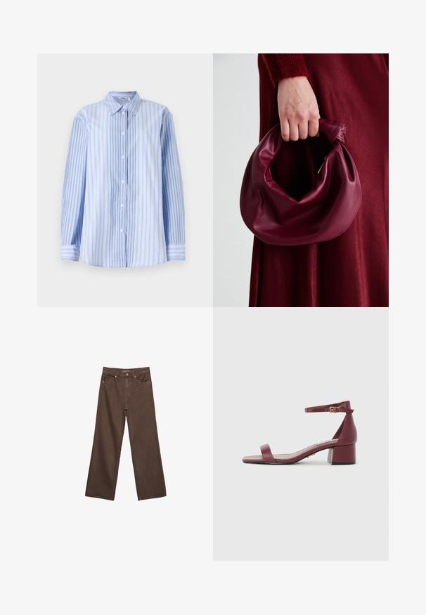 Langärmliges Hemd mit blauen und weißen Streifen aus leichtem Stoff, mit einem klassischen Kragen und einer Knopfleiste an der Vorderseite.; Weite braune Jeans aus Denim, mit hoher Taille, Fronttaschen und klassischem Knopfverschluss. Glatte Textur mit feinen Nähten.; Burgunderfarbene Leder-Sandale mit quadratischer Spitze, dünnem Knöchelriemen, goldenen Beschlägen und einem klobigen Blockabsatz. Glatte Textur und minimales Design.; Burgunderleder-Handtasche mit einem weichen, gerafften Design und einer gerundeten Form. Der Griff ist gesichert und zeigt eine glatte Textur.