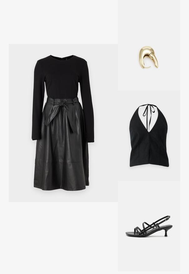 Black halter neck top with a deep V-neckline, made of textured fabric. Features tie closure at the back and side slits.; Black long-sleeve top paired with a black faux leather skirt, featuring a tied waistband and a smooth, shiny texture.; Black heeled sandals with multiple crisscross straps. Smooth material, pointed toe, and narrow heel. Adjustable ankle strap with buckle.; Gold-tone metal earring with a sleek, curved design. Features a distinctive pointed shape, polished surface, and hinge closure.