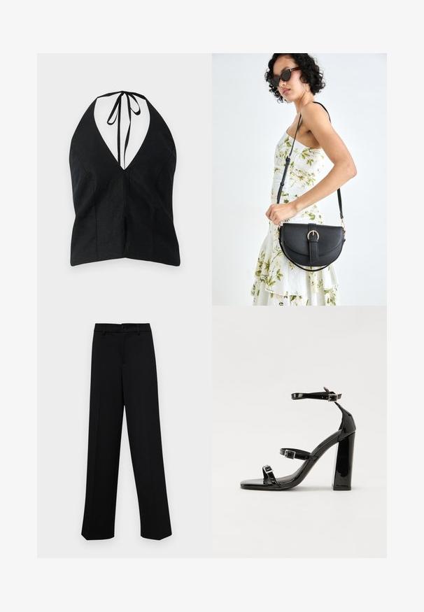 Crna halter neck majica s dubokim V-izrezom, izrađena od teksturirane tkanine. Ima vezanje na leđima i bočne proreze.; Crne široke hlače od glatkog materijala, s klasičnim pojasom koji se zatvara dugmetom i prednjim naborima.; Crne lakirane sandale na pete sa kvadratnim nosom, trakama oko gležnja i srebrnim kopčama. Imaju čvrst blok petu za stabilnost.; Crna kožna torba s lukovitim oblikom, odvojivim remenom i zlatnim detaljima. Torba ima preklop s kopčom.