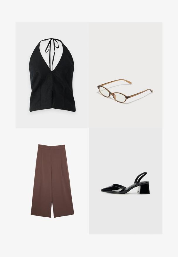 Sort halterneck top med en dyb V-udskæring, lavet af tekstureret stof. Har bindebånd lukning bagpå og sideslids.; Brune bredbunde bukser med en glat tekstur, der har høj talje og plisseringer foran. Stoffet er let og falder løst.; Sorte patentlæder slingback hæle med spids tå og en geometrisk blok hæl. Har et elegant, minimalistisk design og en glat tekstur.; Brune skildpaddemønstrede briller med ovale linser, tynde arme og gennemsigtige accenter. Har et diskret logo på stangen. Slankt, let design.