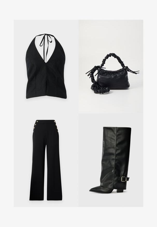 Črna top brez rokavov z globokim V-izrezom, izdelan iz teksturiranega materiala. Ima zavezan hrbtni del in stranske razpoke.; Črne široke hlače z visokim pasom in zlatimi gumbi spredaj ter žepi na obeh bokih na beli ozadju.; Črne usnjene gležnjarje do gležnjev z ostrim nosom, gladko teksturo in srebrnim sponko akcentom na strani. Debel kvadratni peti.; Črna torbica iz umetnega usnja s krokodilovo teksturo, z zvitim vrhom in zmečkano naramico. Zdi se mehka in kompaktna v oblikovanju.