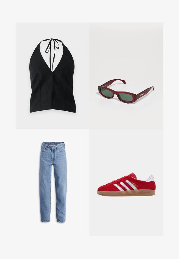 Black halter neck top with a deep V-neckline, made of textured fabric. Features tie closure at the back and side slits.; Light blue jeans made of denim, with a relaxed fit, straight leg, five-pocket design, and frayed hems for a casual look.; Red suede sneaker with white three-stripe design and gold "Gazelle" text. Features a rubber gum sole and textured heel.; Rectangular sunglasses with a deep red transparent frame, dark green lenses, and gold "VERSACE" branding on the temple.