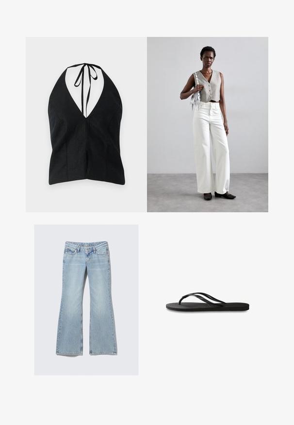 Sort halterneck top med en dyb V-udskæring, lavet af tekstureret stof. Har bindebånd lukning bagpå og sideslids.; Weekday NOVA - Jeans Slim Fit - lip blue; Sorte flip-flop med en tekstureret gummisål, to slanke stropper og et subtilt, præget logodetalje på stroppen.; Grå cropped vest med knapper, parret med hvide wide-leg jeans og sorte flade sko. Accepteret med en lille sølv frynse taske.