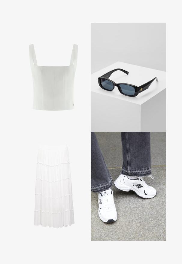 Valkoinen lyhyt korsetti, jossa on paksut hihnat, pystysaumat ja sileä pinta. Ei näkyvää metalliosaa tai kuvioita.; Valkoinen kerroksellinen hame, joka on valmistettu kevyestä kankaasta. Hameessa on joustava vyötärö, röyhelökerrokset ja virtaava muotoilu, joka ulottuu polven puoliväliin.; Valkoiset New Balance -tennarit, joissa on verkkokangas ja synteettinen yläosa mustilla yksityiskohdilla. Yhdistetty huonosti hoidettuihin harmaisiin farkkuihin teksturoidulla pinnalla.; Mustat suorakulmaiset aurinkolasit, joissa on siniset tummennetut linssit, paksut kehykset ja kultainen pyöreä yksityiskohta sivussa. Rinnakkaisrajoitettu, kiiltävä pintakäsittely.; Kudottu oljetta oleva käsilaukku, jossa on leveä, kapeneva muoto ja kaksi mustaa nahkahihnaa. Luonnollinen beige väri, joka on teksturoidulla pinnalla.
