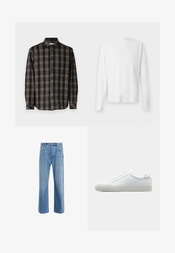 Musta ja beige ruudullinen paita, pitkät hihat, napit edessä, klassinen kaulus ja pehmeä rakenne, joka on hyvin muotoiltu.; Pitkähihaisesta valkoisesta puuvillapaidasta, jossa on pyöreä pääntie, sivuhaalareita alaosassa ja sileä pinta, näkyy takaa.; Vaaleansiniset farkut suoranlahkeisella muotoilulla, viisi taskua, nappisuljenta, vähäinen kuluminen ja kontrastiväriset ompeluyksityiskohdat.; Valkoinen tennari, jossa on sileä nahkapäällinen ja matala profiili. Ominaisuuksiin kuuluu pyöreä kärki, kuusi rei'itystä ja teksturoitu kumipohja.