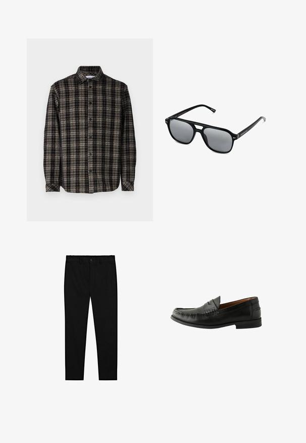 Camicia a quadri nera e beige, maniche lunghe, chiusura frontale con bottoni, colletto classico e texture morbida con vestibilità strutturata.; Top in cotone bianco, design senza maniche, collo rotondo, texture liscia, realizzato in un tessuto morbido e leggero. Due pezzi esposti.; Pantaloni neri su misura con chiusura a bottone, passanti per cintura e gamba dritta slim, esposti su uno sfondo bianco.; Mocassini in pelle nera con finitura liscia, punta arrotondata, dettagli cuciti a mano e suola bassa in gomma. Design classico e versatile.; Occhiali da sole neri con montatura rettangolare, lenti grigie oscurate e design con intaglio sul ponte. Materiale plastico lucido e slanciato, con tempie sottili.