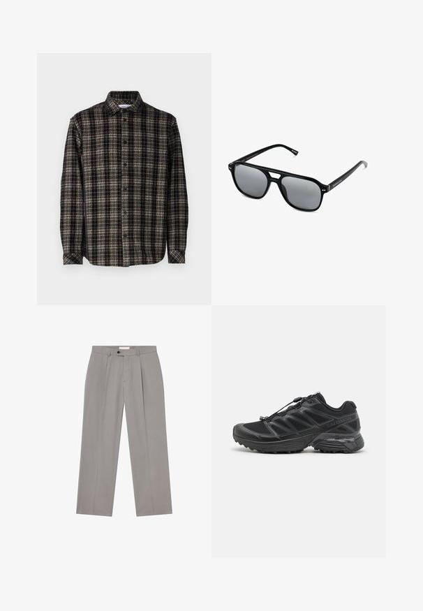 Czarna i beżowa koszula w kratę, z długimi rękawami, zapinana na guziki, klasyczny kołnierzyk i miękka struktura z dopasowanym krojem.; Białe bawełniane topy na ramiączkach, bez rękawów, okrągły dekolt, gładka faktura, wykonane z miękkiej, lekkiej tkaniny. Wyeksponowane dwa egzemplarze.; Szare spodnie o prostym kroju, wykonane z gładkiego materiału. Posiadają wyraźne zagięcie na przodzie, zapięcie na jeden guzik oraz szlufki na pasek.; Czarny but biegowy z siateczkowym i syntetycznym wierzchem, elastyczną podeszwą oraz elastycznymi sznurówkami. Oferuje amortyzującą podeszwę środkową dla komfortu.; Czarne okulary przeciwsłoneczne z prostokątnymi oprawkami, szarymi soczewkami i wycięciem w mostku. Gładki, błyszczący materiał plastikowy, z wąskimi zausznikami.
