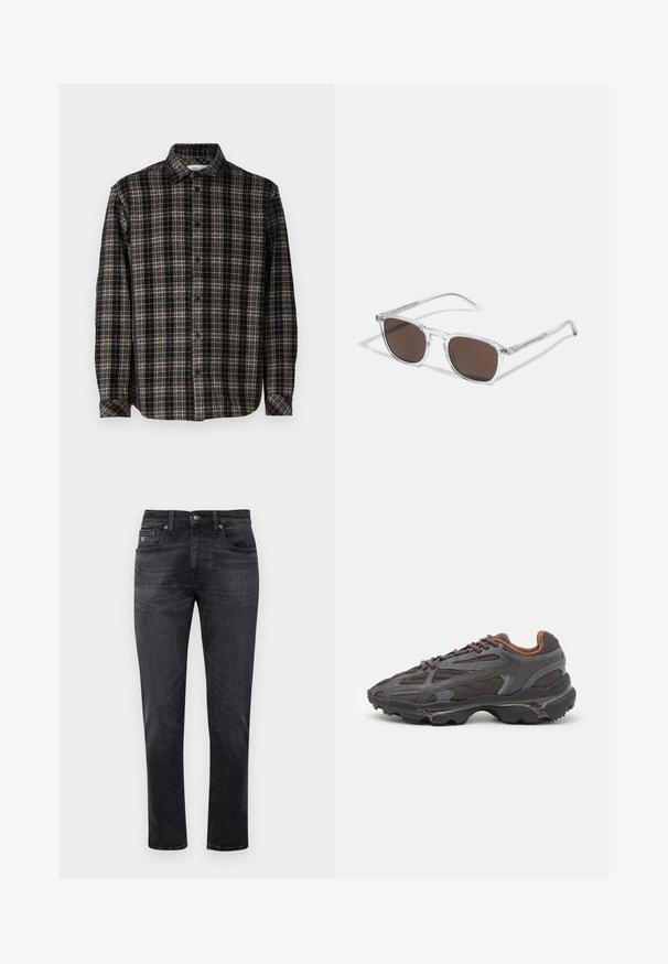 Svart og beige rutete skjorte, lange ermer, knappestolpe foran, klassisk krage og myk tekstur med en strukturert passform.; Sorte denimjeans med rett ben, med fem-lommers design og glidelås. Subtilt falming og sømdetaljer på lommene.; Lacoste-sneakers i mørkegrått med mesh- og syntetisk materiale, med en teksturert såle og brune detaljer på kragen og merket.; Klare plastikk solbriller med rektangulære brune linser, med tynne, gjennomsiktige armer og metalldetaljer på templene.