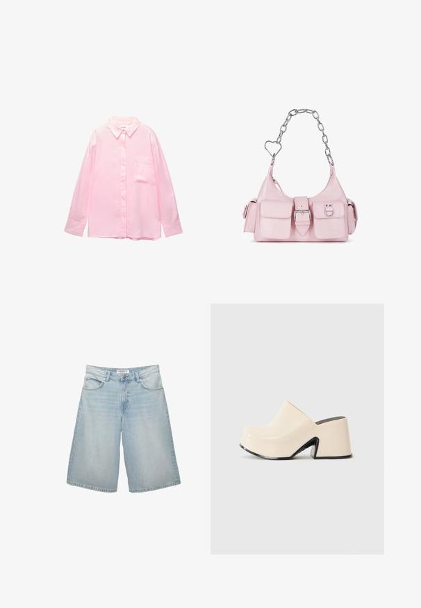 Camicia button-up rosa chiaro con colletto, maniche lunghe e taschino sul petto; realizzata in un tessuto liscio con una sottile trama.; Shorts in denim blu chiaro con un design a gamba larga, dotati di cinque tasche, passanti per cintura e chiusura con zip. Texture liscia con leggera scoloritura.; Zoccolo in gomma beige con una suola nera spessa, caratterizzato da una ampia apertura e una finitura liscia e lucida. Design semplice con una forma angolare.; Borsa a tracolla in finta pelle rosa con manico in catena argento, dettagli a forma di cuore, chiusura frontale e due piccole tasche sulla parte anteriore.