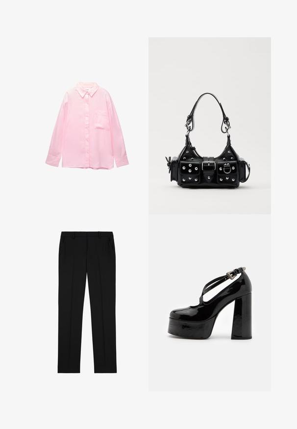 Camicia button-up rosa chiaro con colletto, maniche lunghe e taschino sul petto; realizzata in un tessuto liscio con una sottile trama.; Pantaloni neri su misura con texture liscia, dotati di un davanti piatto, due tasche laterali e un design classico a gamba dritta.; The Kooples CHAUSSURES - Decolleté - black; Borsa a mano in pelle nera con design curvo, caratterizzata da borchie argentate, una fibbia e due tasche laterali. Tracolla regolabile per diverse opzioni di trasporto.