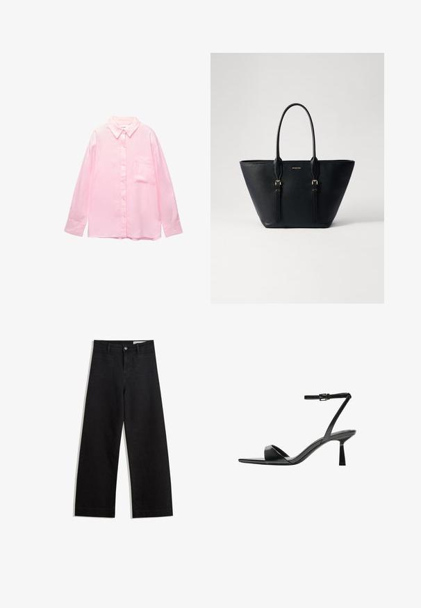 Lichtroze knopenoverhemd met een kraag, lange mouwen en een borstzak; gemaakt van gladde stof met een subtiele textuur.; Zwarte denim broek met wijde pijpen en een hoge taille, voorzien van voor- en achterzakken, gestikte naden en een knoopsluiting. Gladde textuur.; Bershka Sandalen met hoge hak - black; Zwarte leren tote bag met een gestructureerde afwerking, verlengde vorm, dubbele handvatten en accenten van goudkleurig hardware.