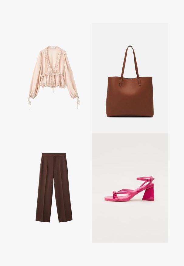 Blusa rosa pallido con maniche lunghe, scollatura arricciata, vita con cordoncino e bordo in pizzo ai polsini e all'orlo. Tessuto leggero e con trama.; Pantaloni larghi marroni con una texture liscia, dotati di due tasche laterali e una parte anteriore plissettata per una vestibilità rilassata.; Sandali con tacco in pelle verniciata rosa, con punta quadrata, cinturini stretti e un tacco a blocco geometrico. Presentano un dettaglio con fibbia sul cinturino.; Borsa tote in pelle marrone con texture liscia, design con apertura superiore e due spallacci. Presenta cuciture minime e nessun hardware visibile.