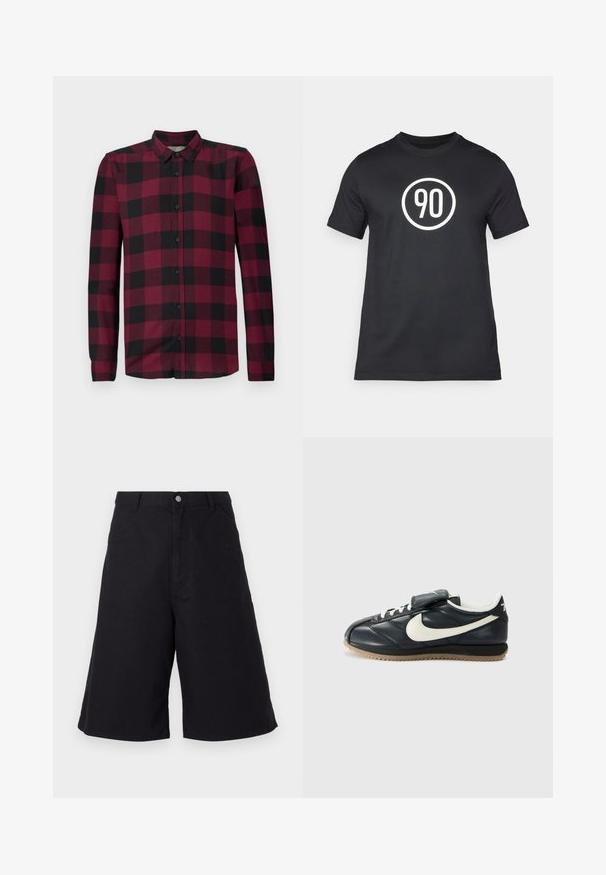 Pitkähihaiset napilla varustetut paidat, joissa on punamusta ruutukuosi, klassinen kaulus ja kireät hihat.; Mustan puuvillan T-paita, jossa on valkoinen pyöreä graafinen kuvio, jossa on numero "90" keskellä. Klassinen pyöreä kaula-aukko, lyhyet hihat.; Mustat puuvillashortsit suorin leikkauksin, joissa on etutaskut, nappisuljenta ja materiaali, joka sopii vapaa-ajan käyttöön.; Mustat nahkakengät valkoisella swoosh-logolla, nauhat ja tarranauha sulkemiseen, sekä kumipohja, jossa on teksturoitu kuvio. Näyttö puolelta.