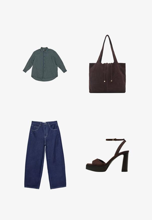 Grün- und navyfarbener Karo-Button-Up-Hemd mit langen Ärmeln, abgerundetem Saum und Knopfverschluss. Hergestellt aus einem Stoff mit Karomuster.; Dunkelblaue Jeansweite Hosen mit hoher Taille, fünf Taschen und kontrastierenden weißen Nähten. Glatte Textur, klassisches Design.; Braune Wildleder-Pumps mit offenem Zeh, verstellbarem Knöchelriemen und gestreiftem Plateausohlen.; Mango Shopping Bag - dark brown