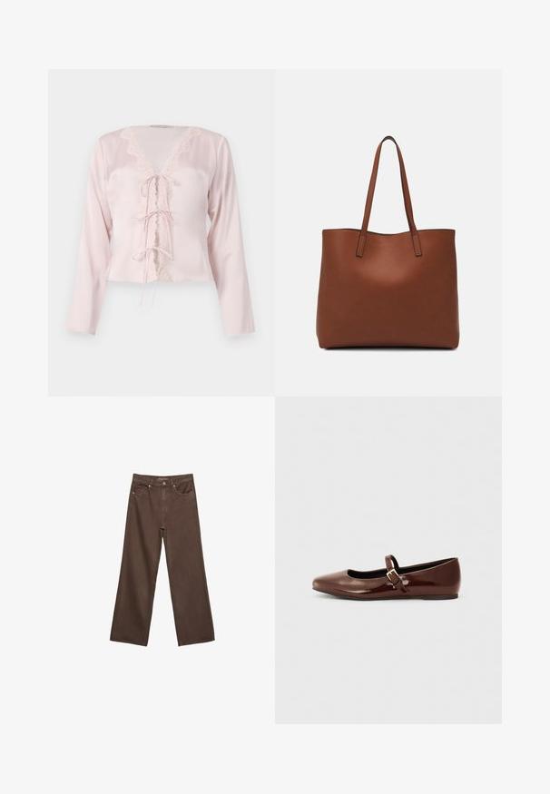 Blouse en satin rose clair à manches longues, avec un liseré en dentelle décoratif le long du décolleté en V et trois fermetures à ruban à l'avant.; Jean brown à jambes larges en denim, doté d'une taille haute, de poches avant et d'une fermeture à bouton classique. Texture lisse avec des coutures subtiles.; Ballerine en cuir verni marron avec un bout carré et une lanière ornée d'une petite boucle dorée. Texture lisse, talon bas et design minimaliste.; Sac fourre-tout en cuir marron avec une texture lisse, design à ouverture supérieure et deux poignées pour le porter à l'épaule. Présente des coutures minimales et aucun matériel visible.