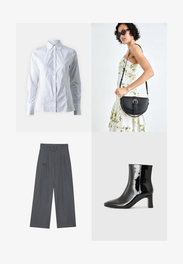 Biely košeľový top s dlhými rukávmi, špicatým golierom, priliehavým strihom, hladkou bavlnenou tkaninou a predným zapínaním na gombíky.; Široké nohavice z tmavosivej látky s opaskom v páse, vystužené prednými záhybmi a hladkou textúrou. Žiadne ďalšie vzory ani akcenty.; Čierne lakované členkové topánky s špicatou špičkou a stredne vysokým blokovým podpätkom. Hladká textúra a minimalistický dizajn.; Čierna kožená kabelka s zaobleným tvarom, odnímateľným popruhom a zlatými doplnkami. Kabelka má klopu s detailom s prackou.