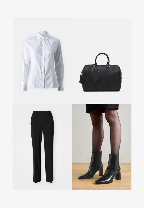 Hvid skjorte med lange ærmer, spidse krave, tætsiddende design, glat bomuldsstof og frontlukning med knapper.; Sorte skræddersyede bukser med lige ben-design, der har en glat tekstur og skarpe folder langs fronten. Ingen synlige hardware.; Sorte læderankelstøvler med spids tå, kraftig firkantet hæl og slankt design. Har elastiske sidepaneler for nem påtagning.; Sort faux læder weekender taske med guldfarvet hardware, dobbelt top hanke, justerbar skulderrem og en aftagelig tag lomme.