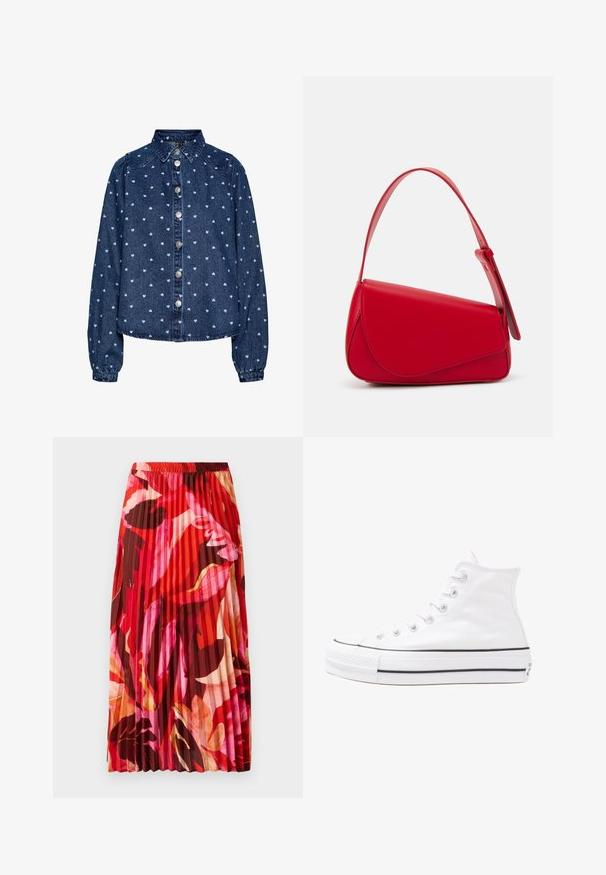 Dark blue denim jacket with light blue heart patterns, button front closure, collared neck, and elasticized cuffs.; Pleated maxi skirt in vibrant red, pink, and brown floral pattern. Elastic waistband and smooth texture enhance comfort and style.; White high-top canvas sneaker with black rubber sole, front rubber toe cap, and six eyelets for laces, featuring a clean, minimalist design.; Red leather handbag with an angular, geometric design. Features a single adjustable strap and a flap closure with stitched detailing.