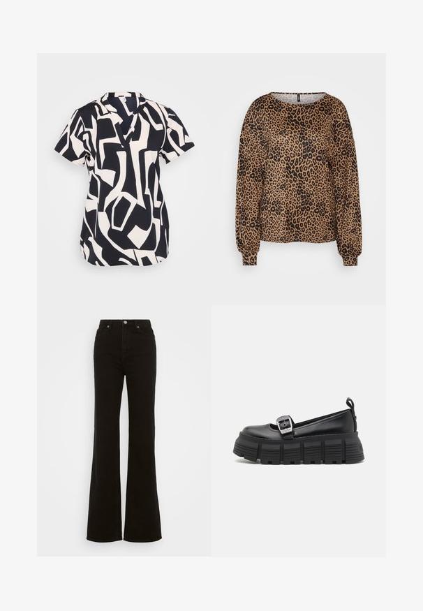 Short-sleeve blouse in navy and cream with an abstract geometric pattern, featuring a notch neckline and a relaxed fit. Textured fabric.; Brown long-sleeve sweater featuring a black leopard print, wide neckline, and elasticized cuffs. Soft, textured fabric with a relaxed fit.; High-waisted black flared jeans made of denim, featuring a button closure, side pockets, and a smooth texture.; Black platform loafers with a rounded toe, smooth leather upper, adjustable buckle, and textured rubber sole featuring horizontal ridges.